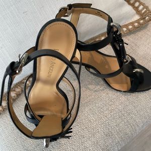 Black leather high heal sandal w tassel silver